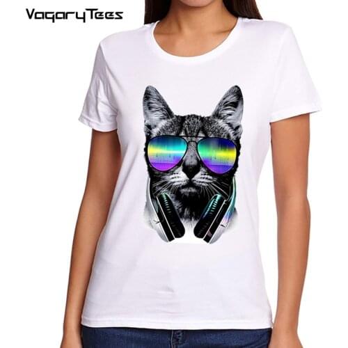 Cool music DJ cat/bear Printed T Shirt Women Fashion Casual Harajuku Punk animal Tshirt Female Graphic cute Tee tops Clothes