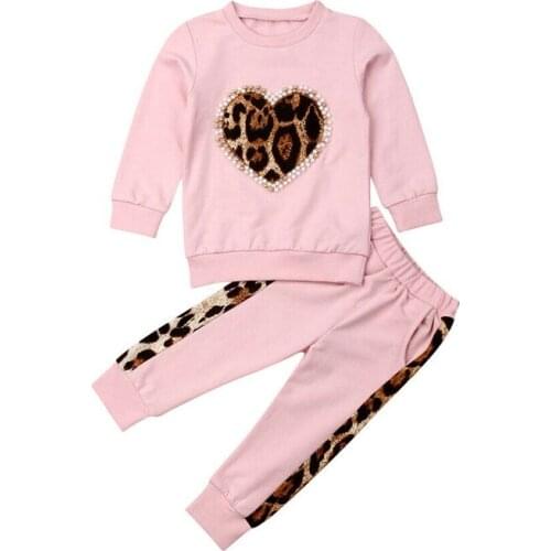 1-6Y Leopard Kid Girls Clothing Set Toddler Baby Children Long Sleeve Heart T shirt Top + Pants Outfits Kid Costumes Tracksuit