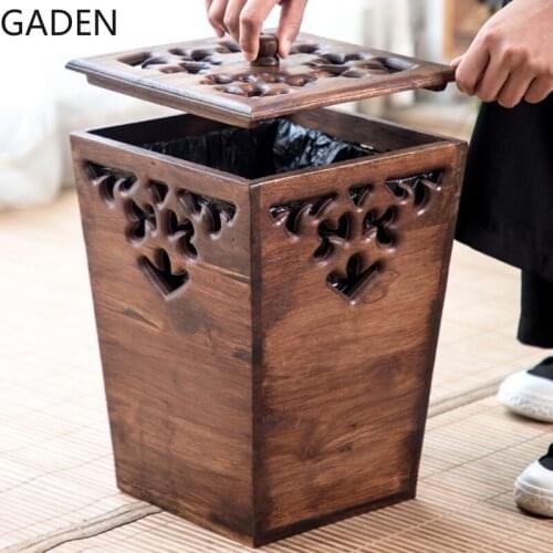 Creative Solid Wood Trash Can Household Living Room with Lid Paper Basket Storage Box Kitchen Trash Can Home Decoration Modern