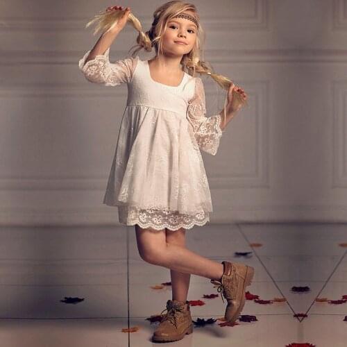 Long Sleeve Lace Children First Communion Dresses Knee Length Girls Vintage Lace Flower Girls Dresses