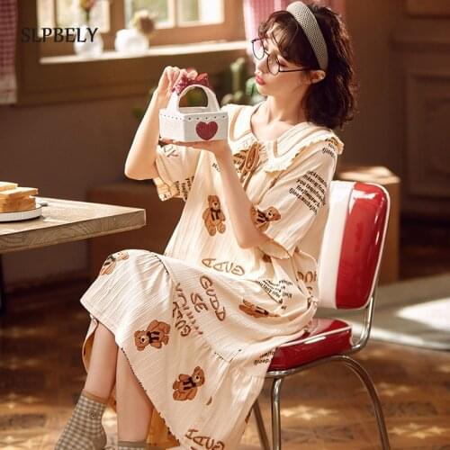 SLPBELY Women Summer Nightdress Nighgrown Cartoon Sweet Doll Collar Nightskirt Sleepwear Cute Homewear Night Dress Pyjamas New