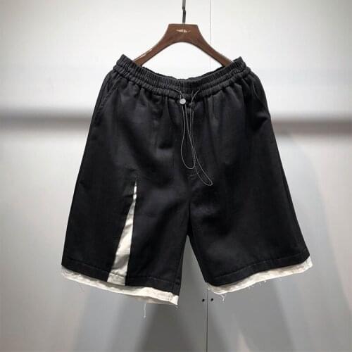 Summer Harajuku style personality split off fake two color matching loose designers hairline trendy mens Capris elastic Harem