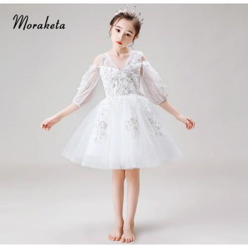 V-neck Shoulder Straps Off The Shoulder Flower Girl Dresses 2020 Luxury Appliques Knee Length Gril Princess Dress For Wedding