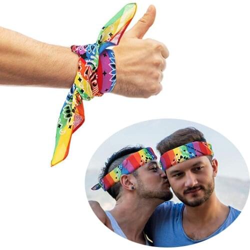 Square Scarf Hair Tie Band For holiday Party LGBT Gay Pride Rainbow Headband 100% Cotton Unisex Hip-hop Bandanas