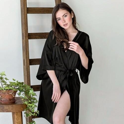 Hiloc Satin Sexy Bathrobe For Home Robe Women Sleepwear Three Quarter Sleeve Black Silk Robe With Sashes Nightgown 2021 Spring