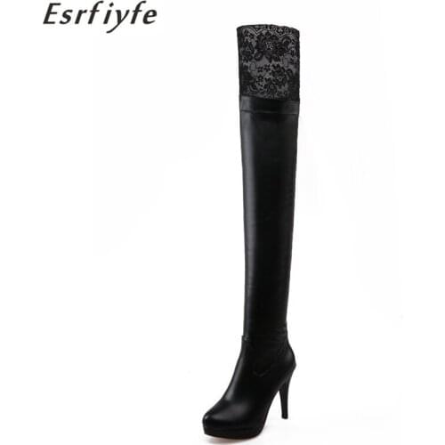 ESRFIYFE Women Platform High Heel Boots Zipper Over Knee Boots Round Toe Warm Fur Shoes Women Office Lady Footwear Size 33-43