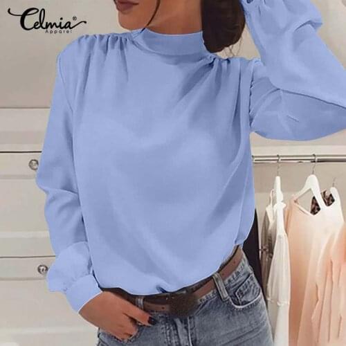 Celmia Tops 5XL Women Blouse Office Elegant Turtleneck Long Sleeve Blouses Solid Casual Loose Plus Size Lace-up Blusas Femininas