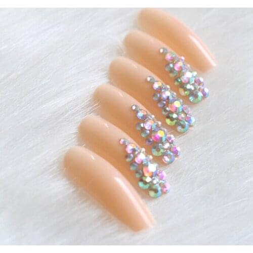 24pcs high-end fashion handmade crystal diamond long flat false nails pale-yellow