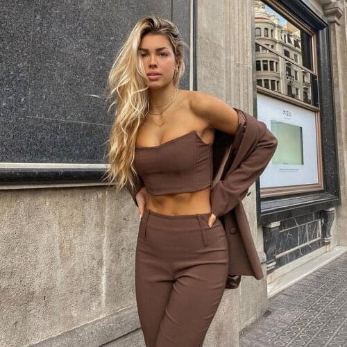 2021 Womens Sets Sexy Strapless Super Short Crop Top and Long Pants Suits Skinny Casual Elegant Ladies Streetwear