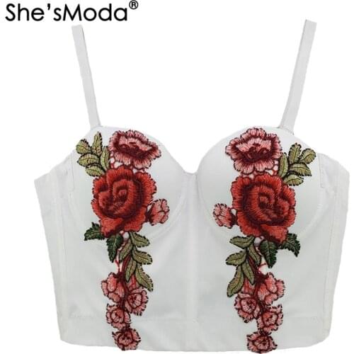 ShesModa Appliques Embroidery Bustier Push Up Night Club Bralette Womens Floral Bra Cropped Top Vest Corset Plus Size