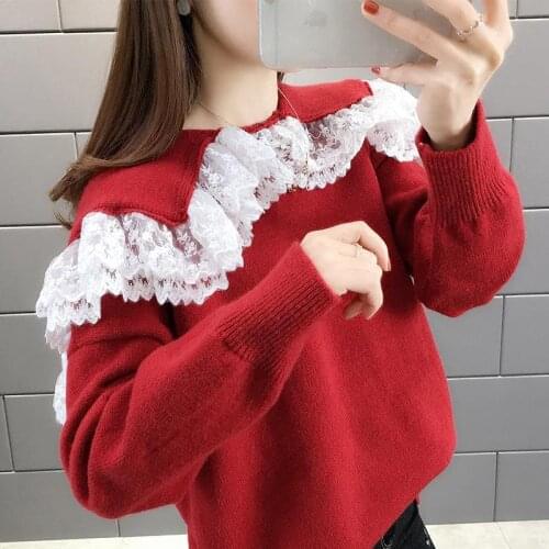 Lace Stitching Doll Collar Sweet Red Loose Slim Pullover Sweater Women Loose Outer Wear 2021 New Autumn and Spring Top Y524