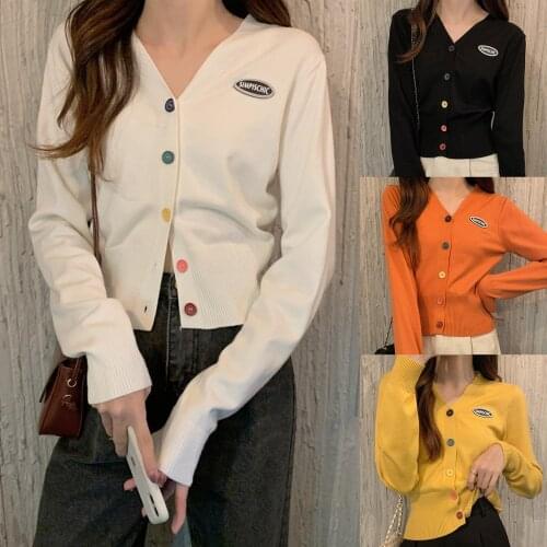 New Fashion Women Autumn Long Sleeve V Neck Single-breasted Sweater Cardigan Short Slim Knit Coat