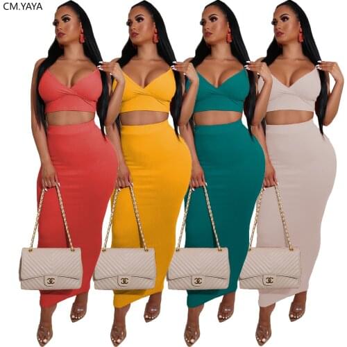 CM.YAYA Women solid two piece set spaghetti strap v-neck crop top bodycon midi maxi skirt suit matching set tracksuit outfit