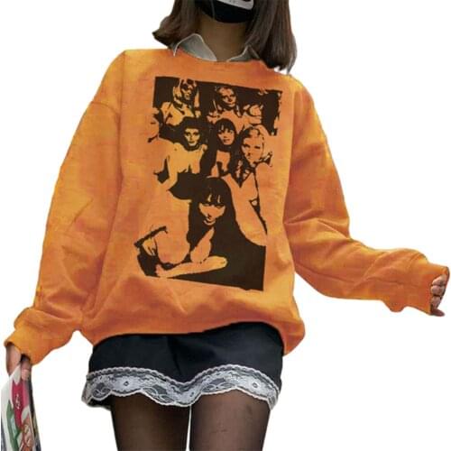 Female Pullover Girls Portrait Print Round Neck Long Sleeve Tops for Spring Fall, Brown/Black/Orange S/M/L