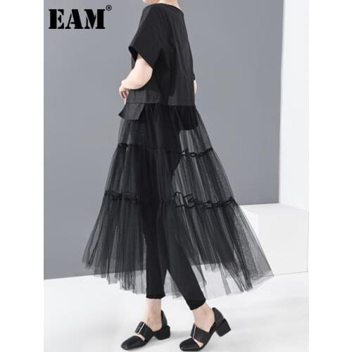 [EAM] Women Black Mesh Split Big Size Dress New Round Neck Short Sleeve Loose Fit Fashion Tide Spring Summer 2021 1T98001