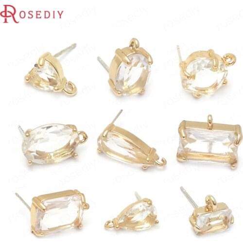 38513)6PCS 24K Champagne Gold Color Brass and Glass Sterling Silver Pins Stud Earrings Pins Jewelry Making Accessories