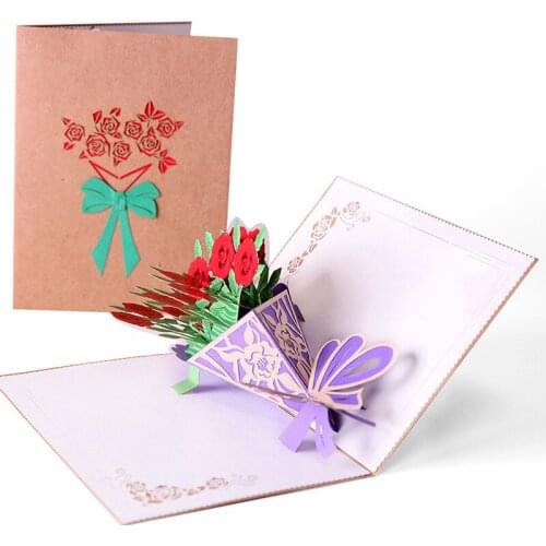 3D Laser Cut Handmade Bouquet of Roses Paper Invitation Greeting Cards Show Love PostCard Wedding Party Mothers Day Gift