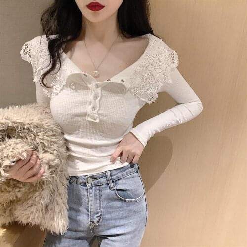 Blouse Women Lace Stitching Lapel Long-Sleeved Shirts Slim Top Blusas Ropa De Mujer