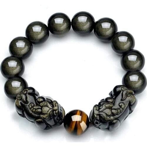 Genuine Natural Gold Obsidian Bracelet 10mm 12mm 14mm 16mm Powerful Stretch Crystal Round Bead Bracelet Woman Men Pi Xiu Shape