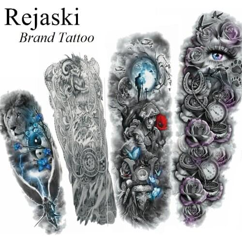 Black Antelope Totem Full Arm Body Legs Art Temporary Tattoo Mechanical Men Pirate Caprain Tattoo Stickers Women Big Moon Earth