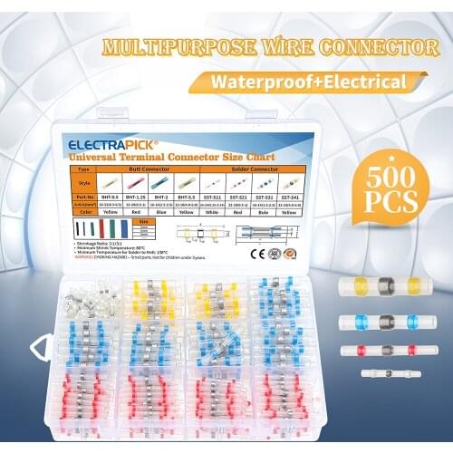 Electrapick 500pcs Mixed Heat Shrink Connect Terminals Waterproof Solder Sleeve Tube Electrical Wire Insulated Butt Connectors