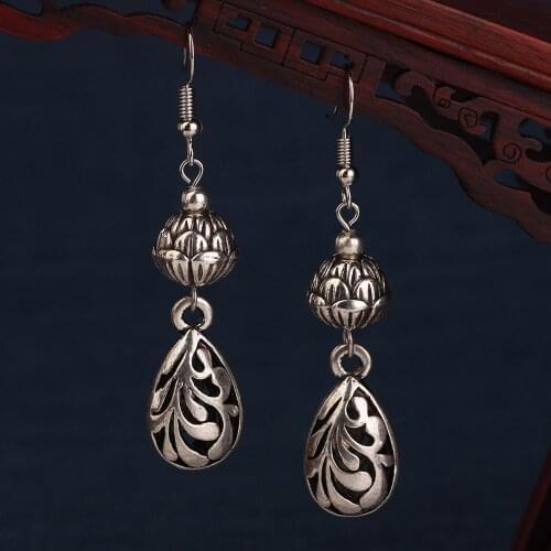 Ethnic long water drop earrings vintage Lotus Thai earrings for women and girl jewelry