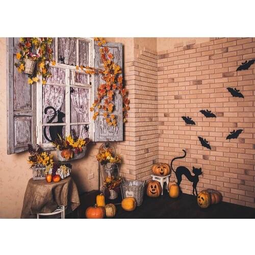Halloween Pumpkins Brick Wall Cat Bat Photo Studio Backdrop Vinyl Cloth Background for Children Baby Photo Shootings Props