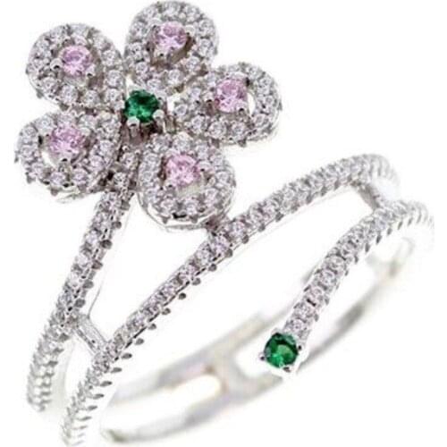 Fashion Big Leaf Rings With CZ Pave Setting Flower Design micro pave pink green zirconia ring Jewelry For Party Accessories