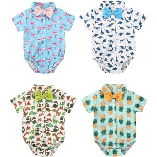 0-18M Newly Summer Gentleman Kids Boys Bodysuits 4 Colors Bow Short Sleeve Print Single Breasted Jumpsuits