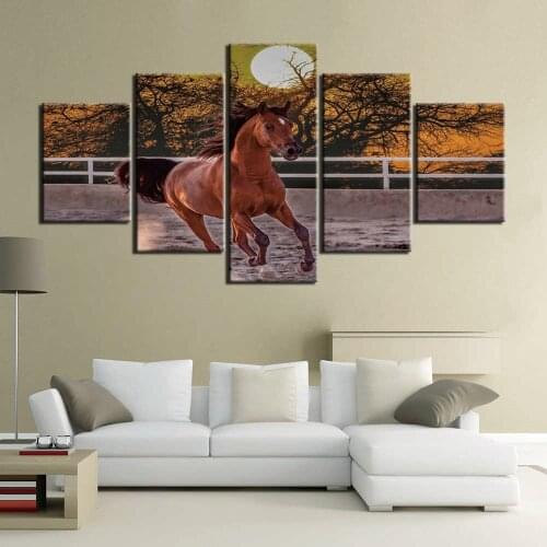 Modular 5 Panels Running Horses Animal Picture Canvas Art Prints Wall Art Sunset Poster Modern Paintings Home Decor Living Room