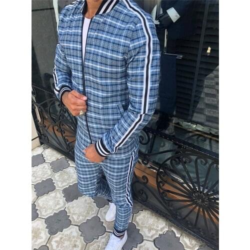 Men' 3D Plaid Sports Gentlemen Sets Jacket Men Set Tracksuit Street Fashi Trend Fashion Stand-up Collar Zipper Sportswear Suit