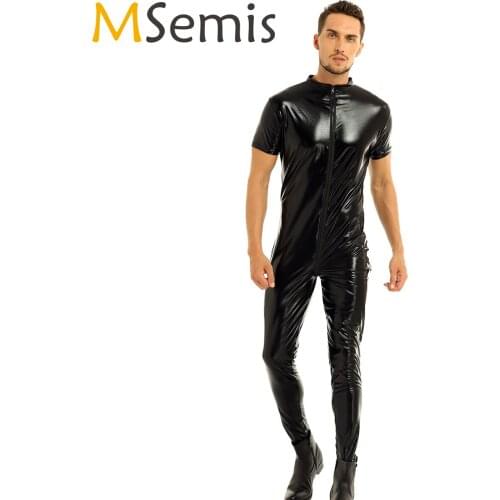 Mens Body suit Thong Leotard Bodystocking Faux Leather Bodysuit Short Sleeves Zipper Crotch Full Body Leotard Bodysuit Clubwear