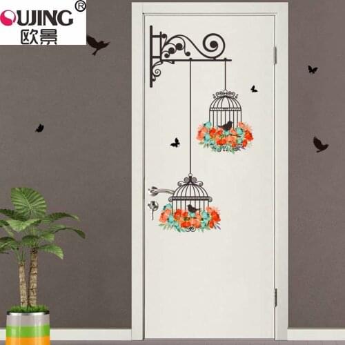 New 3D Flowers Birdcage Wall Stickers Home Decor Flying Birds Door Sticker Plants Wallpaper Self-adhesive Art Mural Window Decor