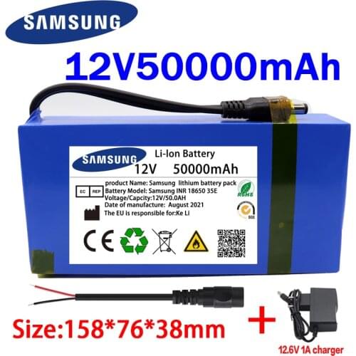 New 12v 18650 50000mAh Lithium-ion Battery pack DC 12.6V 50Ah battery With EU Plug+12.6V1A charger+DC bus head wire