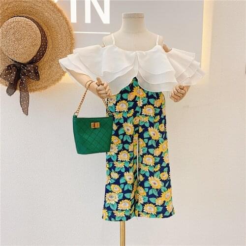 New Girls Multi-Layer Lotus Leaf Neck Strap + Flower Pants Two-Piece Childrens Clothing Girls Trend Cute Suit 2021 Summer Top