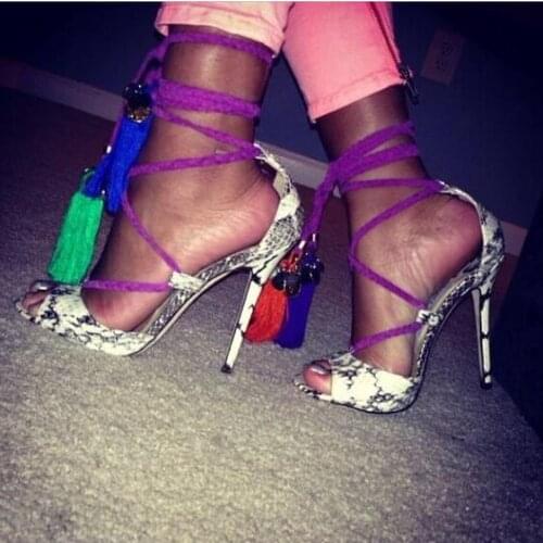 Sexy Grey Snakeskin Print Leather Fringe Sandals Rope Cross Lace-up Tassel Coin Metal Decoration High Heels Dress Shoes