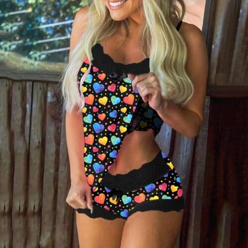 Sexy Women Pajamas Set Heart Print Sleepwear Set Sleeveless Tank Tops Vest Lace Cami Shorts Lingerie Summer
