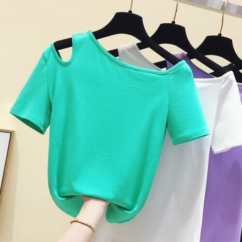 WWENN Summer Short Sleeve Sexy T-shirts Women Off Shoulder Solid color Tees Tops Female Basic Cotton Tshirts Lady Purple Green