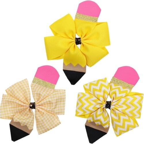 Oaoleer Hair Accessories 3 Pcs/Lot 4 Inch Hair Bows for Girls BACK TO SCHOOL Pencil Hairgrips for Students Ribbon Hair Clips
