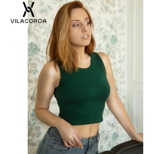 Green Round Collar Sleeveless Short Womens Tank Tops Streetwear Sports Stretch Crop Tops Basic Cotton Female Slim Vest Tops