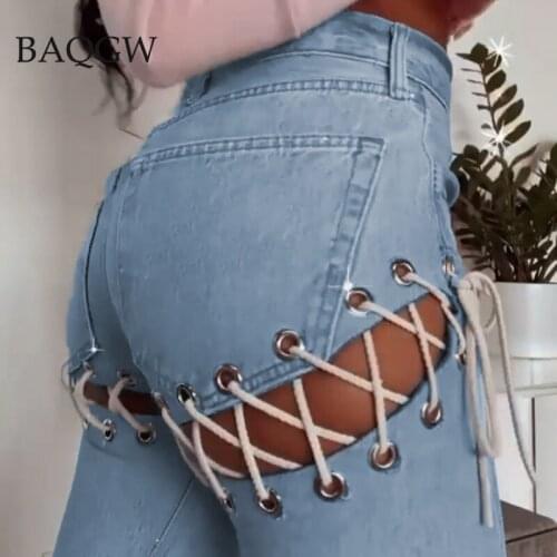 Side Lace Up Hollow Out Womens Jeans High Waist Denim Pants Sexy Trousers Streetwear Baggy Jeans Ladies Wide Leg Pants Fashion