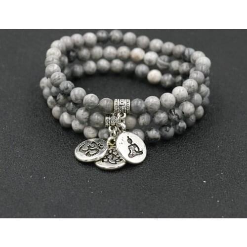 Buddhism Tibetan Meditate Buddha Bracelet Men Grey Onyx Beads Bracelet Lotus Flower Charm Bracelets For Women Jewelry Pulseira