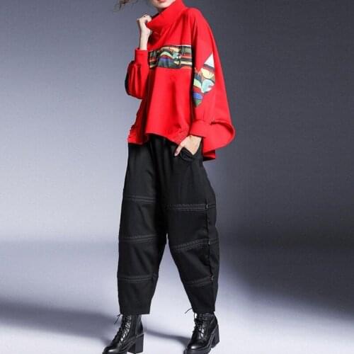 Long Sleeve Stand Collar Oversize Irregular Top Elastic High Waist Pocket Loose Trousers Women High Street 2 Piece Clothes Set