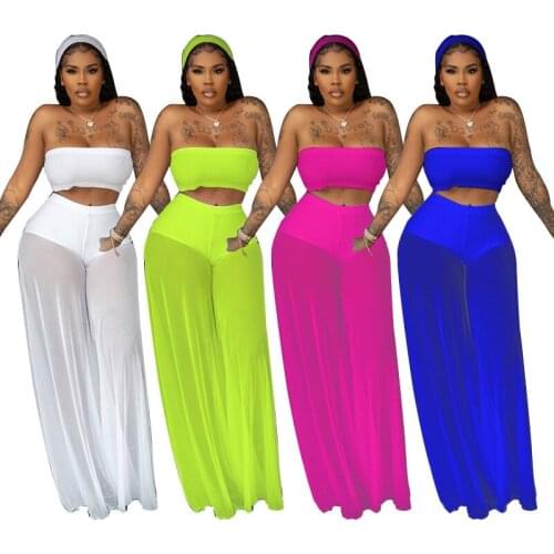 Neon Color Women 2 Piece Set 2021 Summer Sexy Off Shoulder Crop Tank Top + High Waist Wide Leg Mesh See Through Pants Beachwear