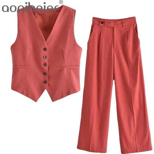 Aonibeier 2021 Za Woman Casual Traf Outfits Female Autumn Slim Cropped Vest Gilets + Long Pant Suits OL Style Linen 2 Piece Sets