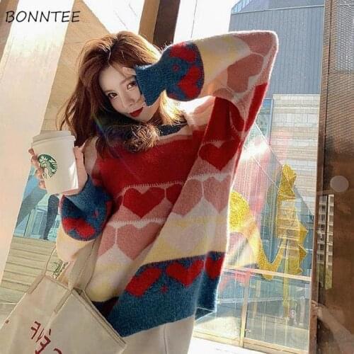 Sweater Women Lovely Ins Stylish Pullovers Loose All-match Vintage Knitting Retro Patchwork Long Sleeve BF Female Kawaii College