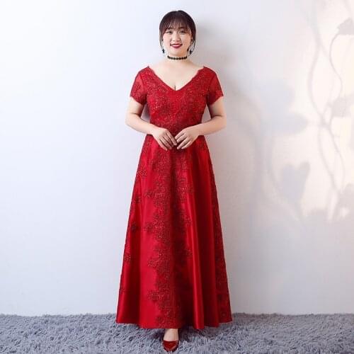 Formal Evening Dresses Red A-Line Tulle Simple V-Neck Embroidery Half Sleeves Floor-Length Lace Regular Women Party Dress D033