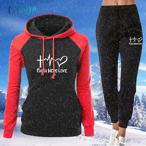 Winter Women Tracksuit Two Piece Set Love Print Hoodies+Pants Sweatshirt Sports Suit Hooded Female Autumn Running Sportwear Set