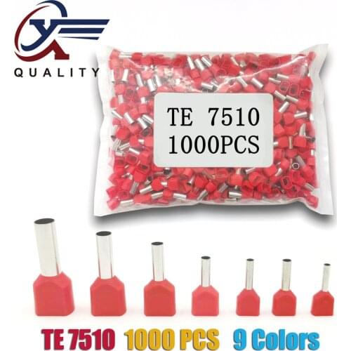 1000pcs/Pack TE 7510 Insulated Ferrules Terminal Block Double Cord Terminal Copper Insulated Crimp terminal Wires 2x0.75mm2
