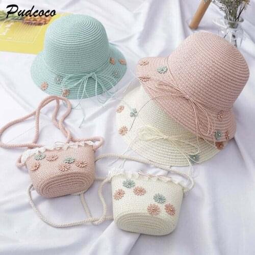 2019 Brand Girls Kids Beach Bucket Breathable Cap Straw Sun Hat+Shoulder Handbag Bag Set Beach Sun Protection Flower Hat 2Pcs